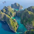 Drone shot of Phi Phi Leh, with Pileh Lagoon in the front and Maya Bay in the back.