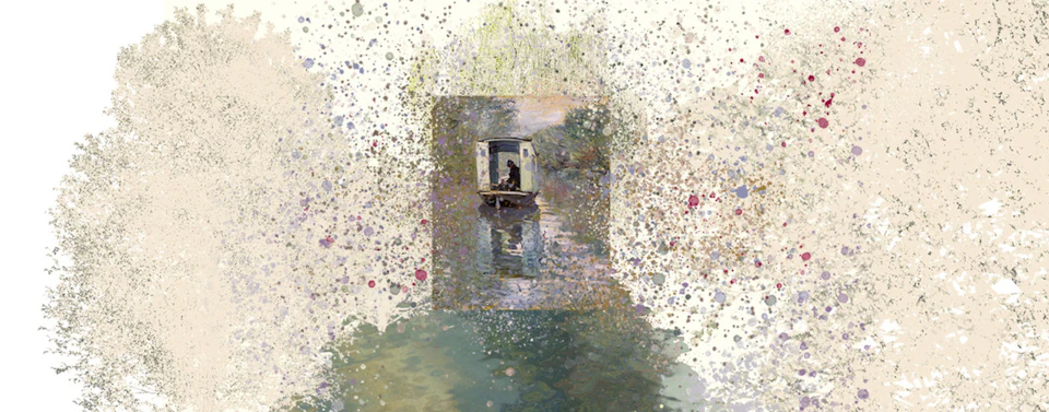 A painting featuring a person in a small boat on calm water, surrounded by abstract splatter patterns and muted colors.
