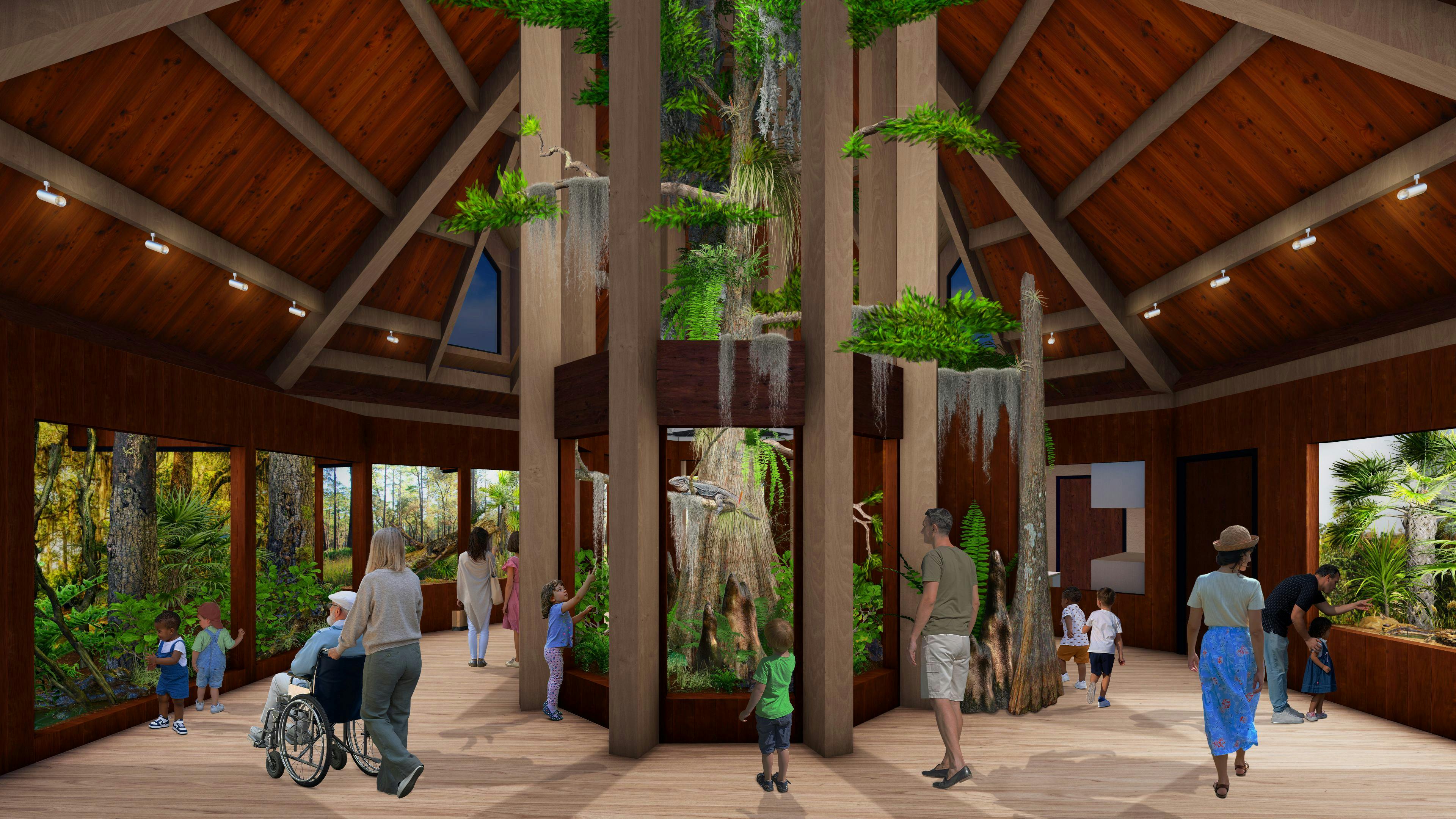 Besøgende, der udforsker en indendørs naturudstilling med en central træudstilling omgivet af planter og træarkitektur.