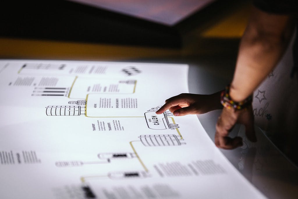 A hand pointing at a diagram on a brightly lit table, showing labeled components and lines connecting various parts.