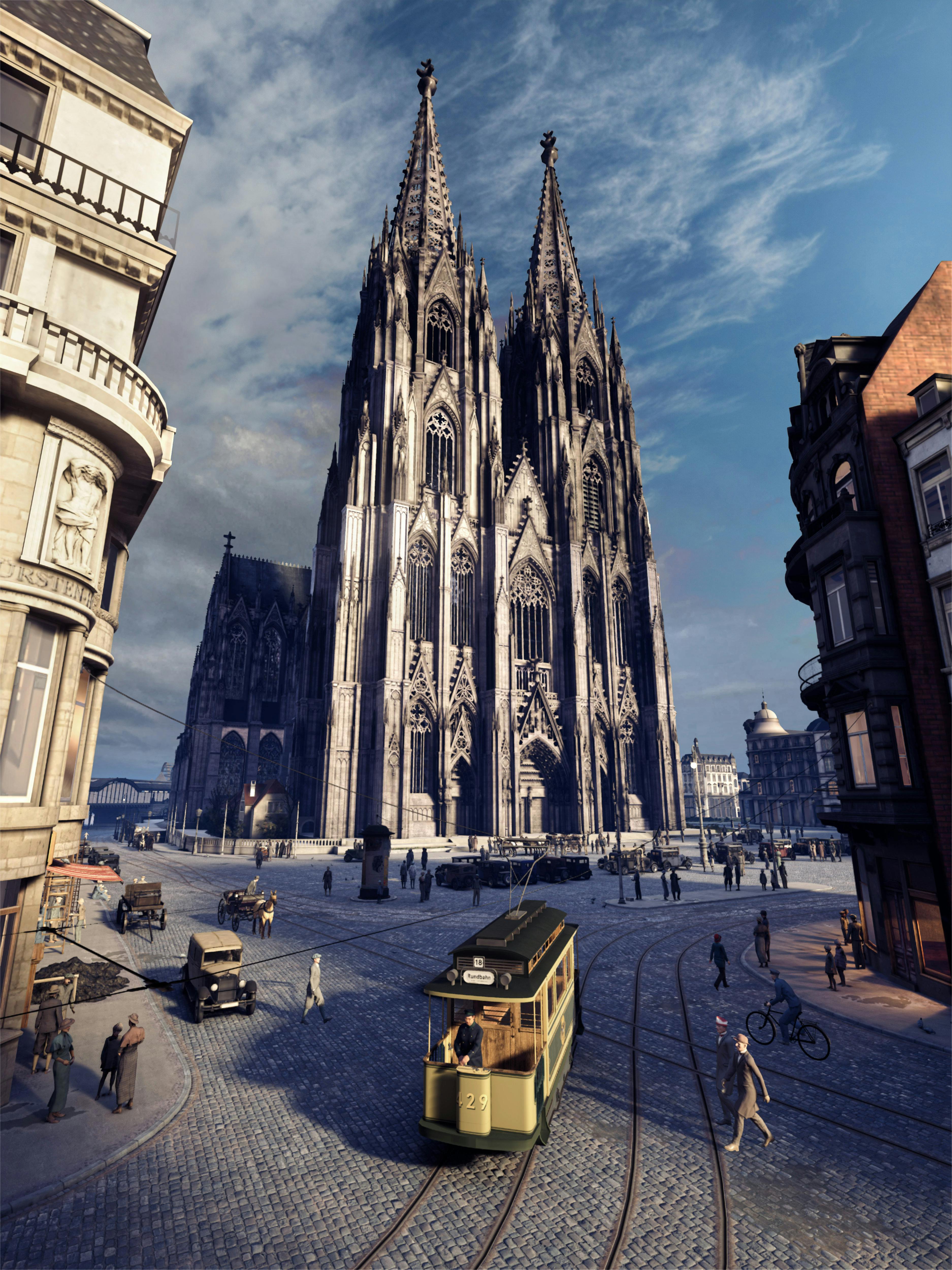 Lidé chodí a jezdí tramvají kolem velké gotické katedrály obklopené historickými budovami pod částečně zataženou oblohou.