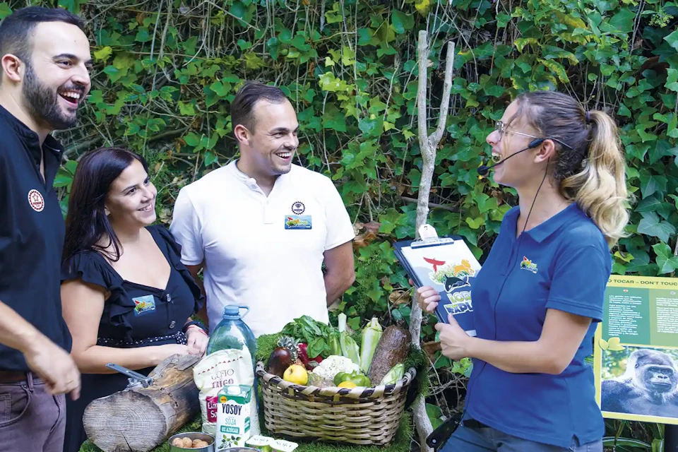 Four people stand outside near greenery, smiling and talking. A basket of fruits, vegetables, and groceries is on a table between them.