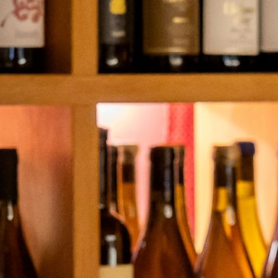 Two people sit at a table in a wine shop, each holding a wine glass, with shelves of wine bottles in the background.