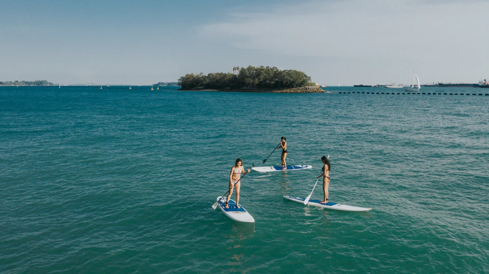 Three people paddleboarding on calm blue water with a small island and a clear sky in the background.