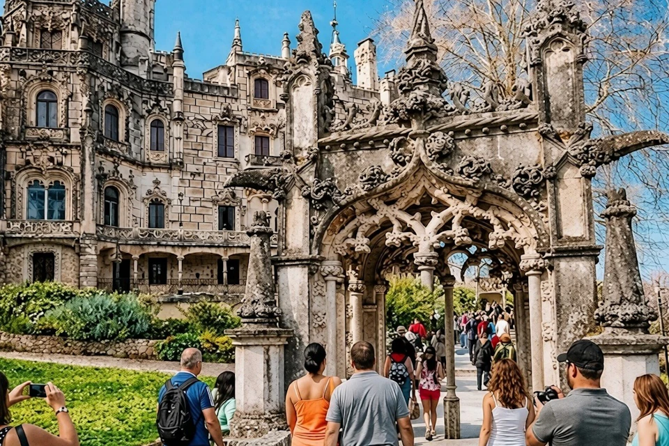 People walking through an ornate stone archway with intricate carvings, near a historic building under a clear blue sky.