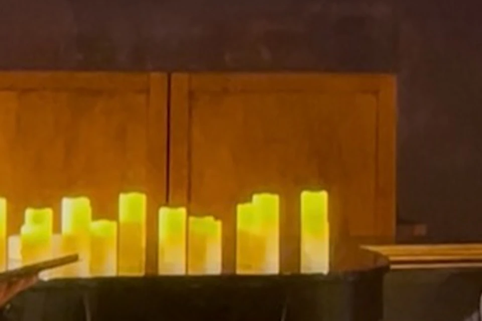 A woman in a sparkly dress sings while a man plays a large string instrument. Candles and a piano are in the background.