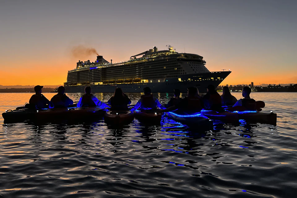 Sunrise glow with a cruise ship