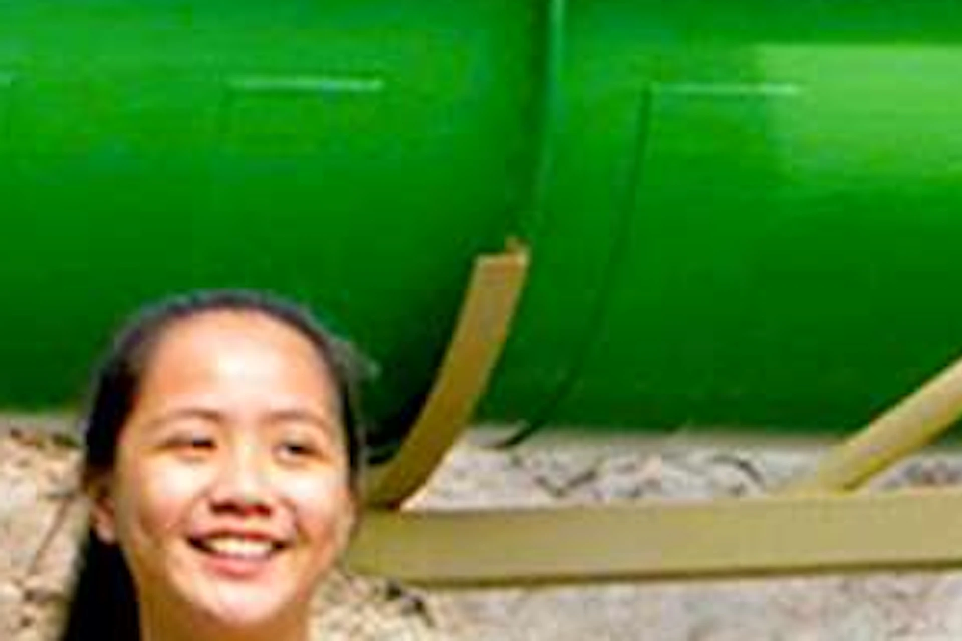 A family carrying inflatable tubes walks through a water park with colorful slides in the background.