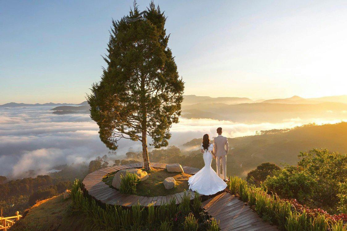 A couple in formal attire stands on a wooden platform by a lone tree, overlooking a sunrise-lit landscape with clouds and hills.