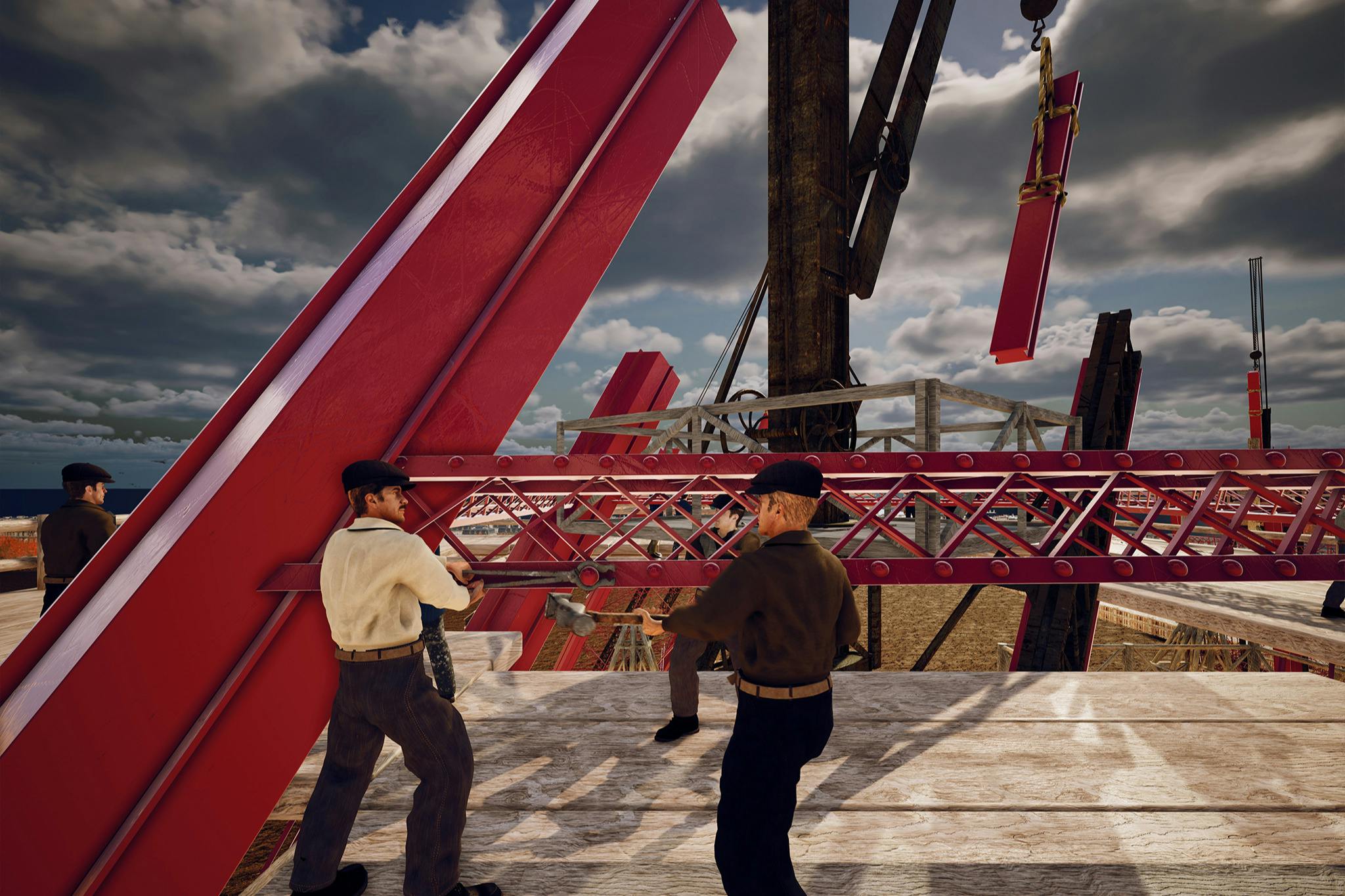 Operai che assemblano una struttura d'acciaio rossa in un cantiere edile sotto un cielo nuvoloso.