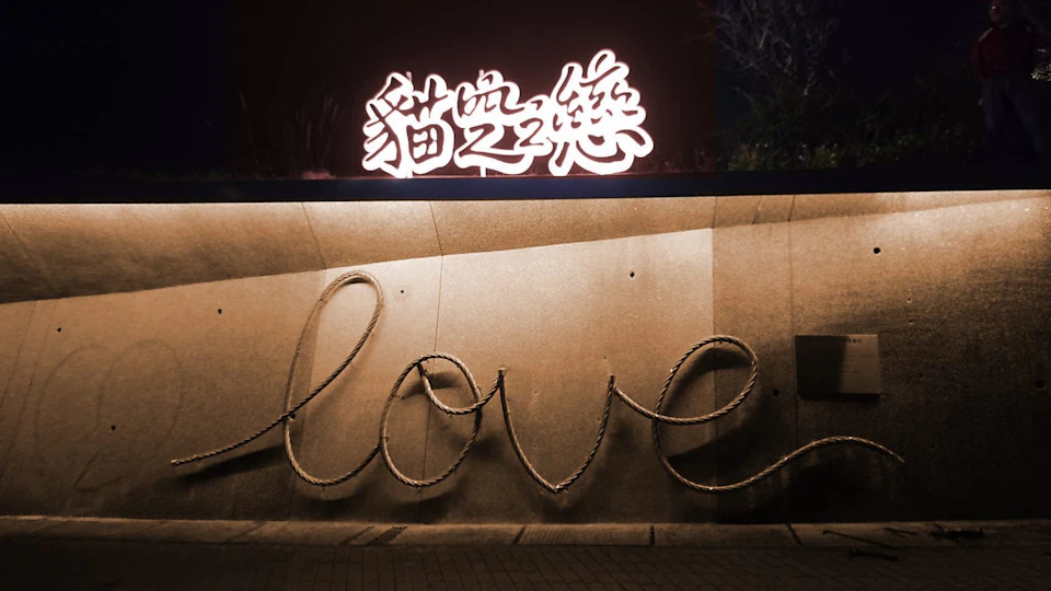 A wall with the word "love" written in a rope-like style and illuminated signage with Asian script above it at night.
