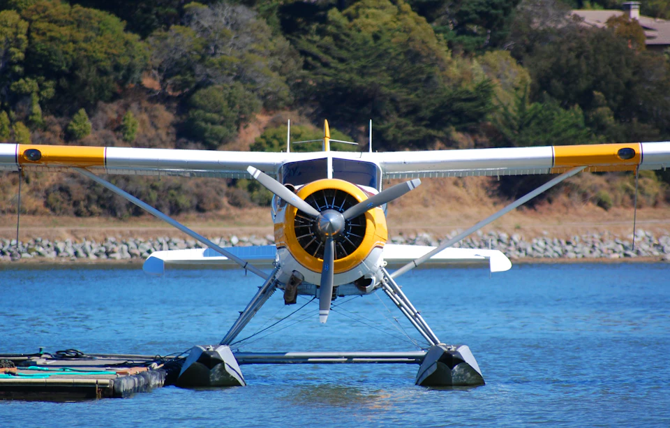 Front view of a floatplane with a yellow and white color scheme, docked on water with a forested shoreline in the background.