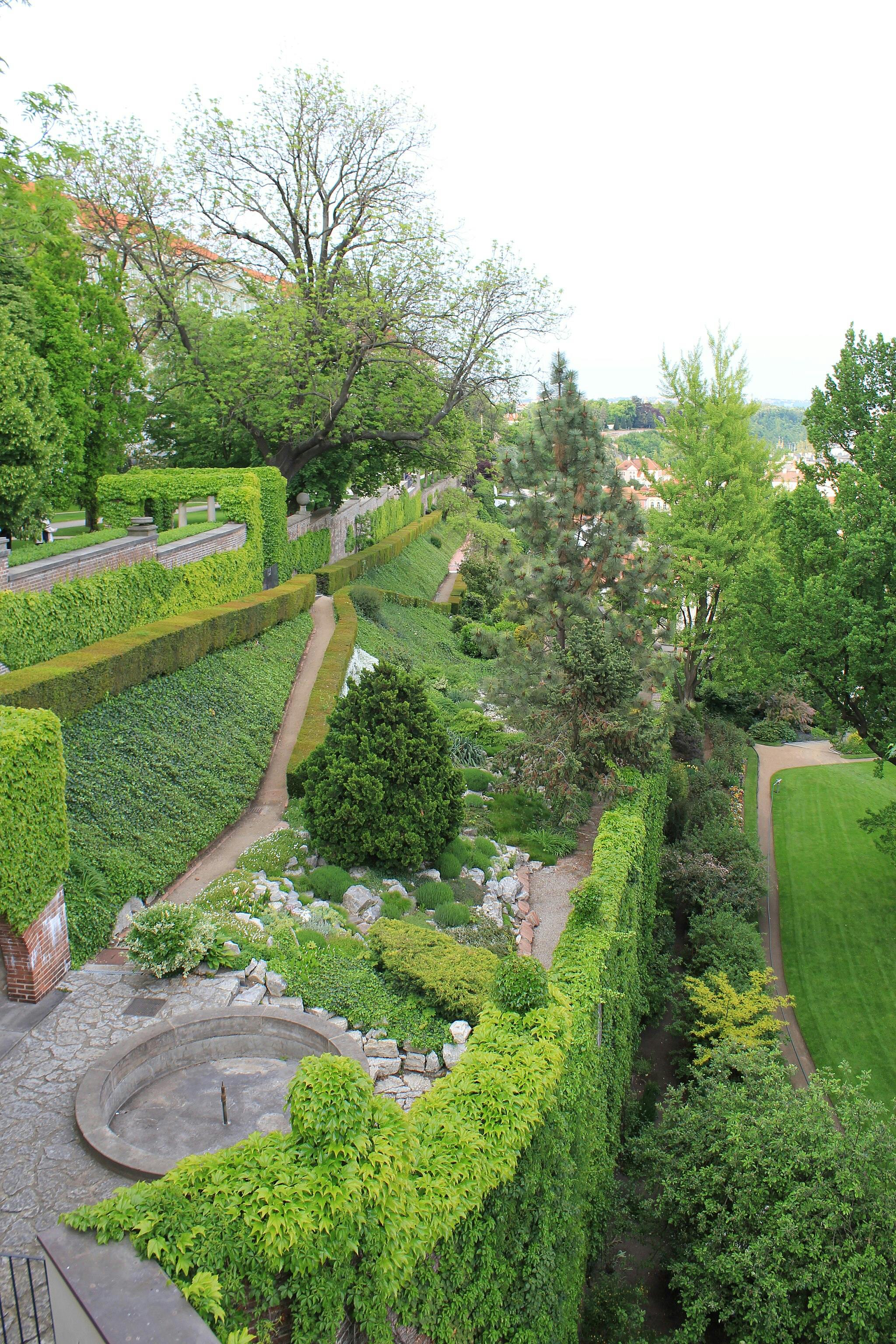 Terrasserad trädgård med välskötta häckar, olika träd, buskar, stenstråk och en torr fontän. En gräsmatta och gångväg finns längst ner.