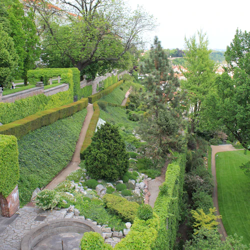 Terrasserad trädgård med välskötta häckar, olika träd, buskar, stenstråk och en torr fontän. En gräsmatta och gångväg finns längst ner.