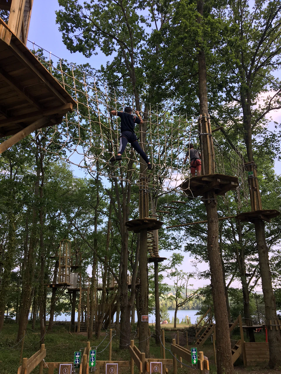 People navigating elevated rope courses and platforms in a wooded area with a glimpse of water in the background.