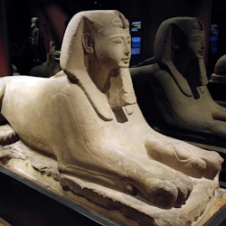 En museiutställning med stora sfinxstatyer i sten och andra forntida egyptiska skulpturer i ett svagt upplyst rum.