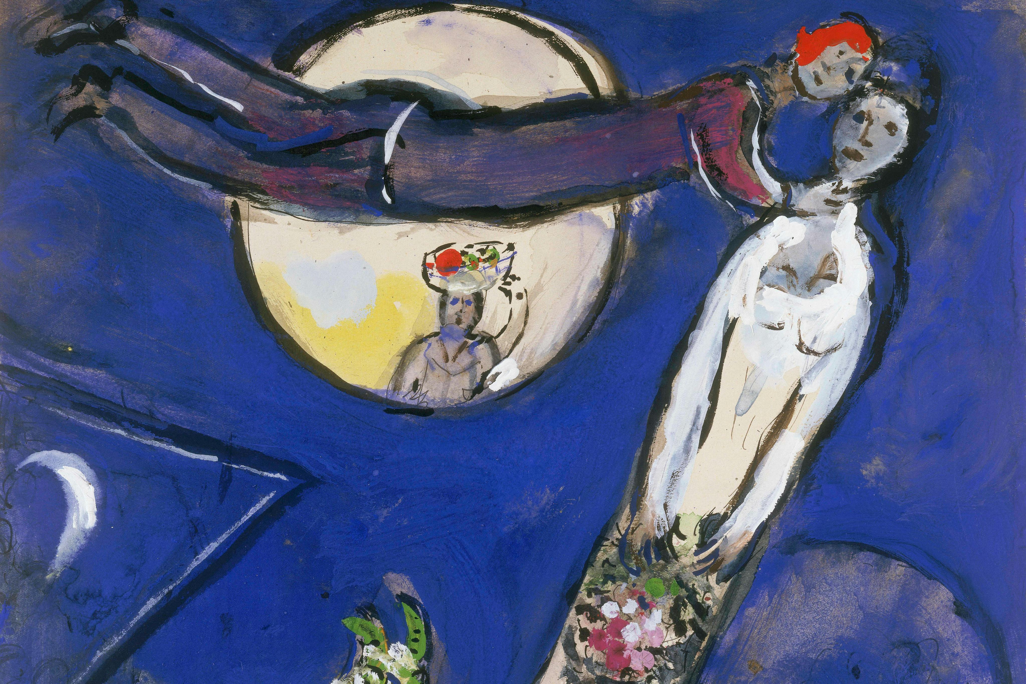 Barevná abstraktní malba s modrým pozadím, centrální kruhová žlutá plocha zobrazující postavu s čelenkou a další nezřetelné tvary.