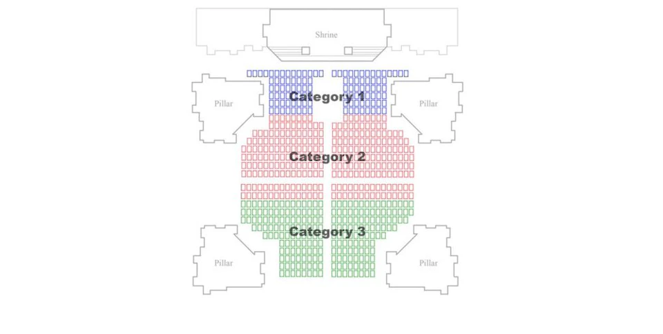 Seating arrangement diagram categorizing seats into three sections: Category 1 (blue), Category 2 (red), and Category 3 (green).