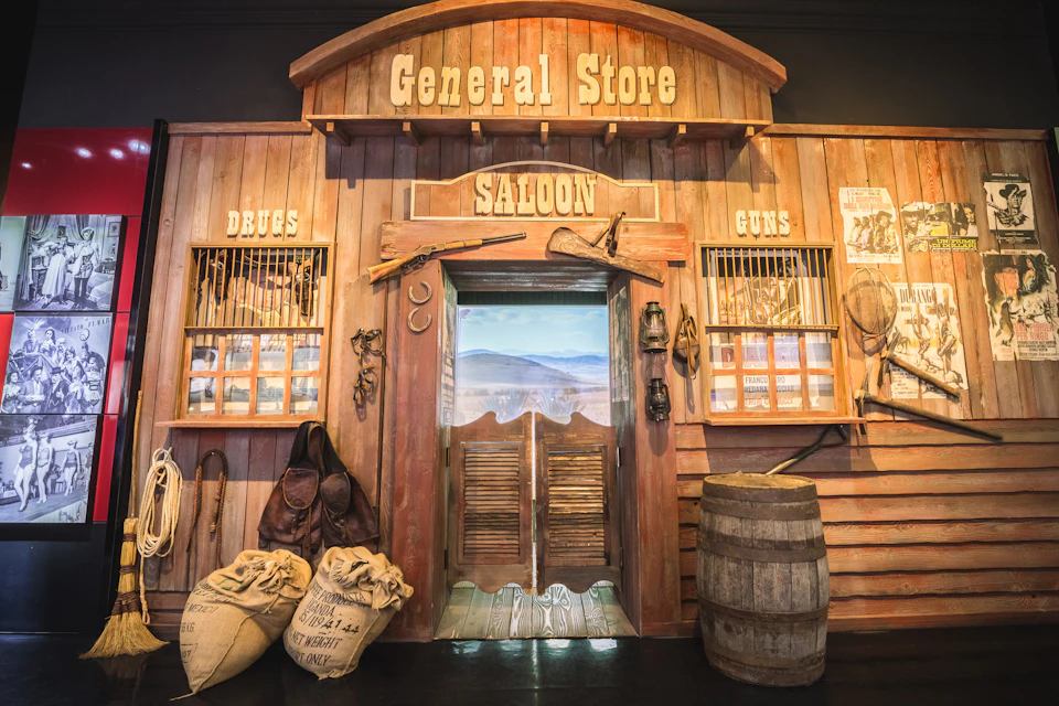 Wooden storefront with "General Store" and "Saloon" signs, flanked by props like barrels, sacks, and lanterns.