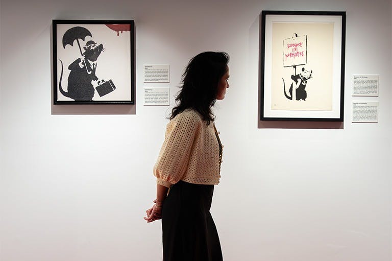 Žena v galerii stojí mezi dvěma zarámovanými uměleckými díly zobrazujícími krysy. Dívá se doprava a dívá se na kousek napravo.