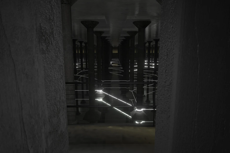 Dimly lit underground space with rows of columns and glowing light streaks across the scene, creating a futuristic ambiance.