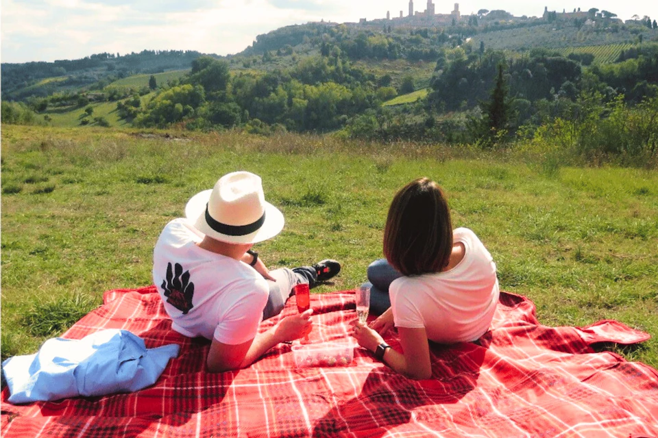 Two people sitting on a red picnic blanket in a grassy field, overlooking a distant hilltop town on a sunny day.