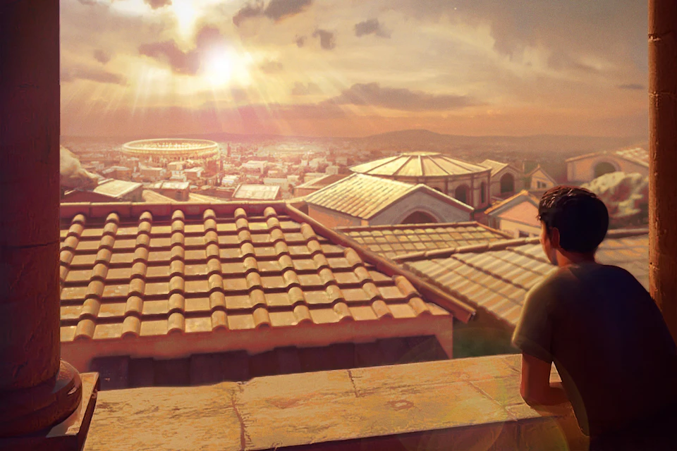 A person looking over a cityscape with terracotta rooftops at sunset, featuring a large domed building and a distant coliseum.