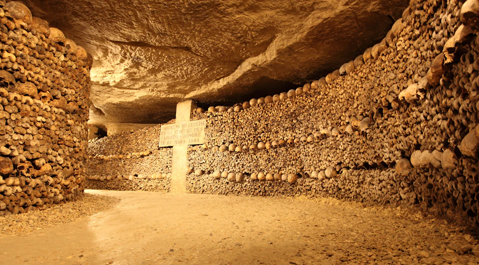 A wall in a catacomb lined with human skulls and bones, with a sign in French containing text.