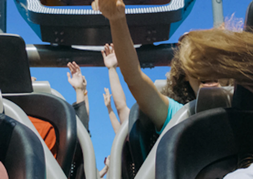 People with raised arms and smiling faces on a rollercoaster ride, with a cartoonish face structure in the background.