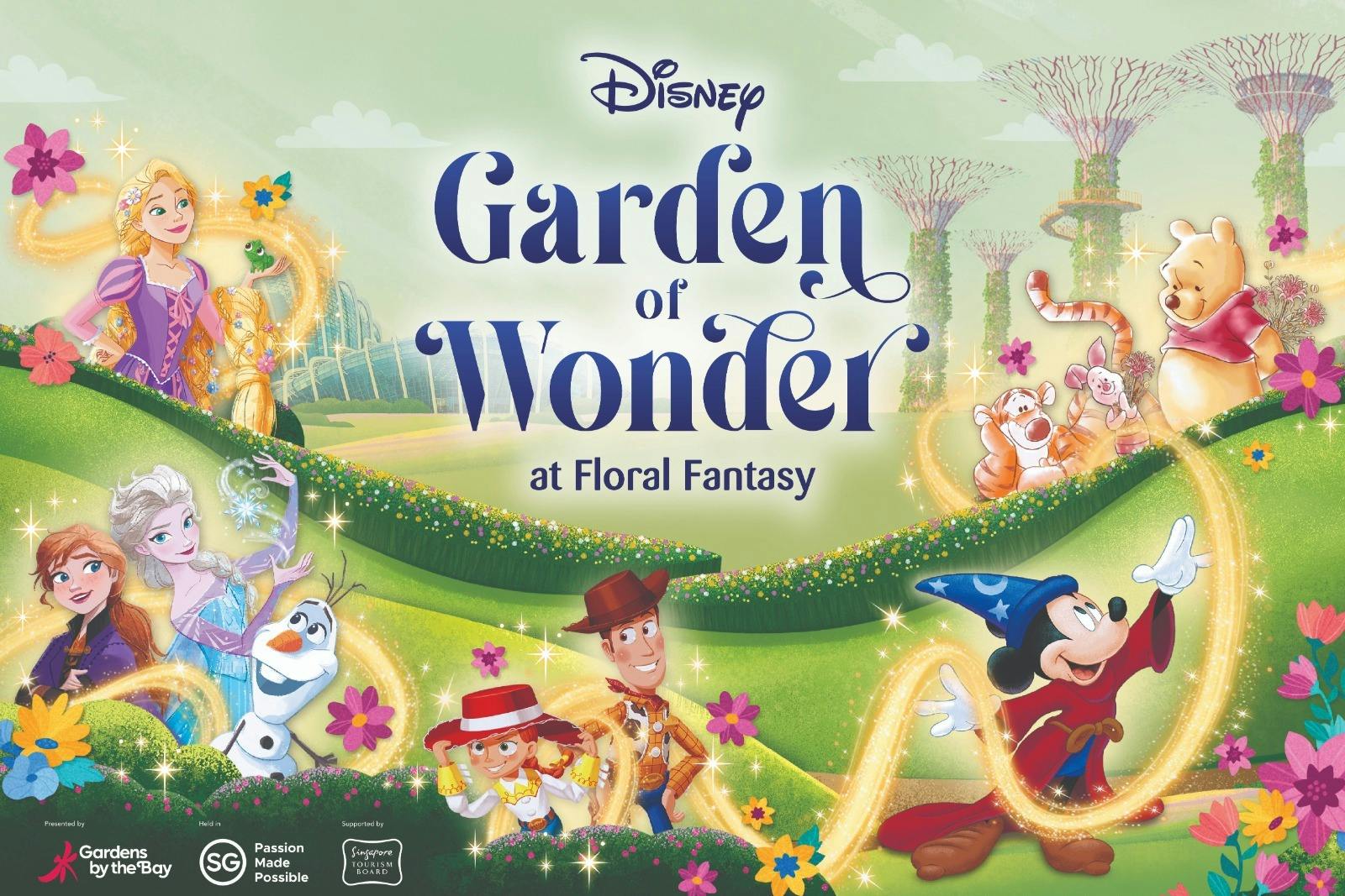Reklamaffisch för Disney's Garden of Wonder at Floral Fantasy, med Disney-figurer och färgstarka blommiga bilder.