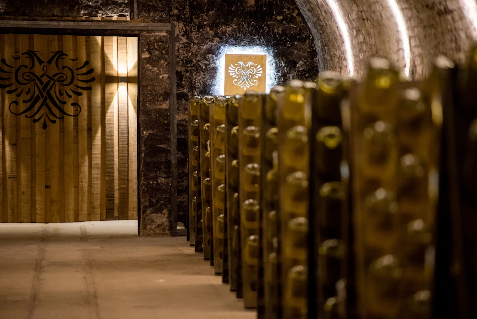 A dimly lit wine cellar with rows of wine bottles and a wooden door at the end, featuring a glowing emblem above it.