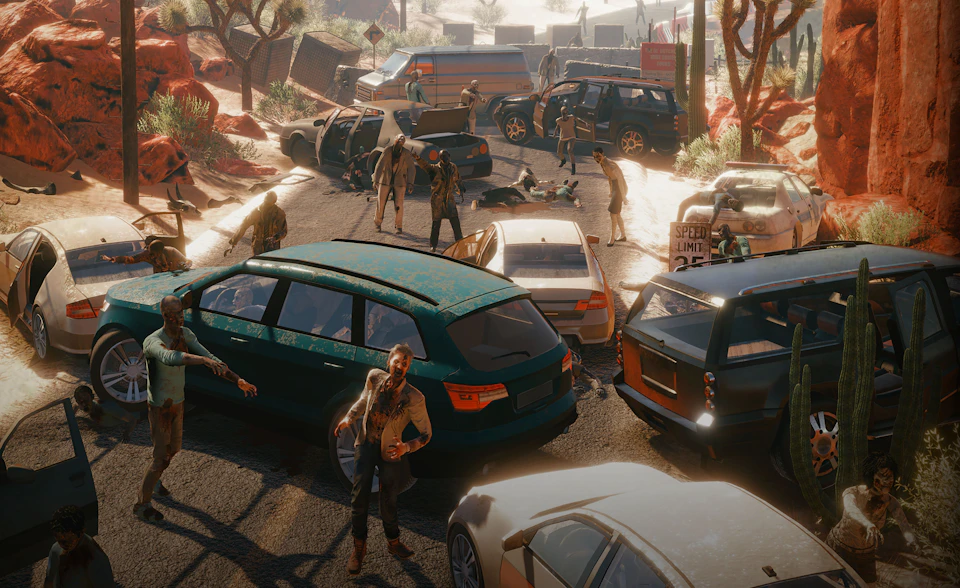 Several zombies roam around a traffic jam with abandoned cars and vans on a sunlit desert road.