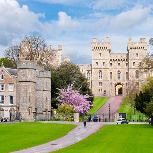 Ett slott med torn, frodig grönska, blommande träd och en stig som leder till ingången. Människor promenerar längs stigen.