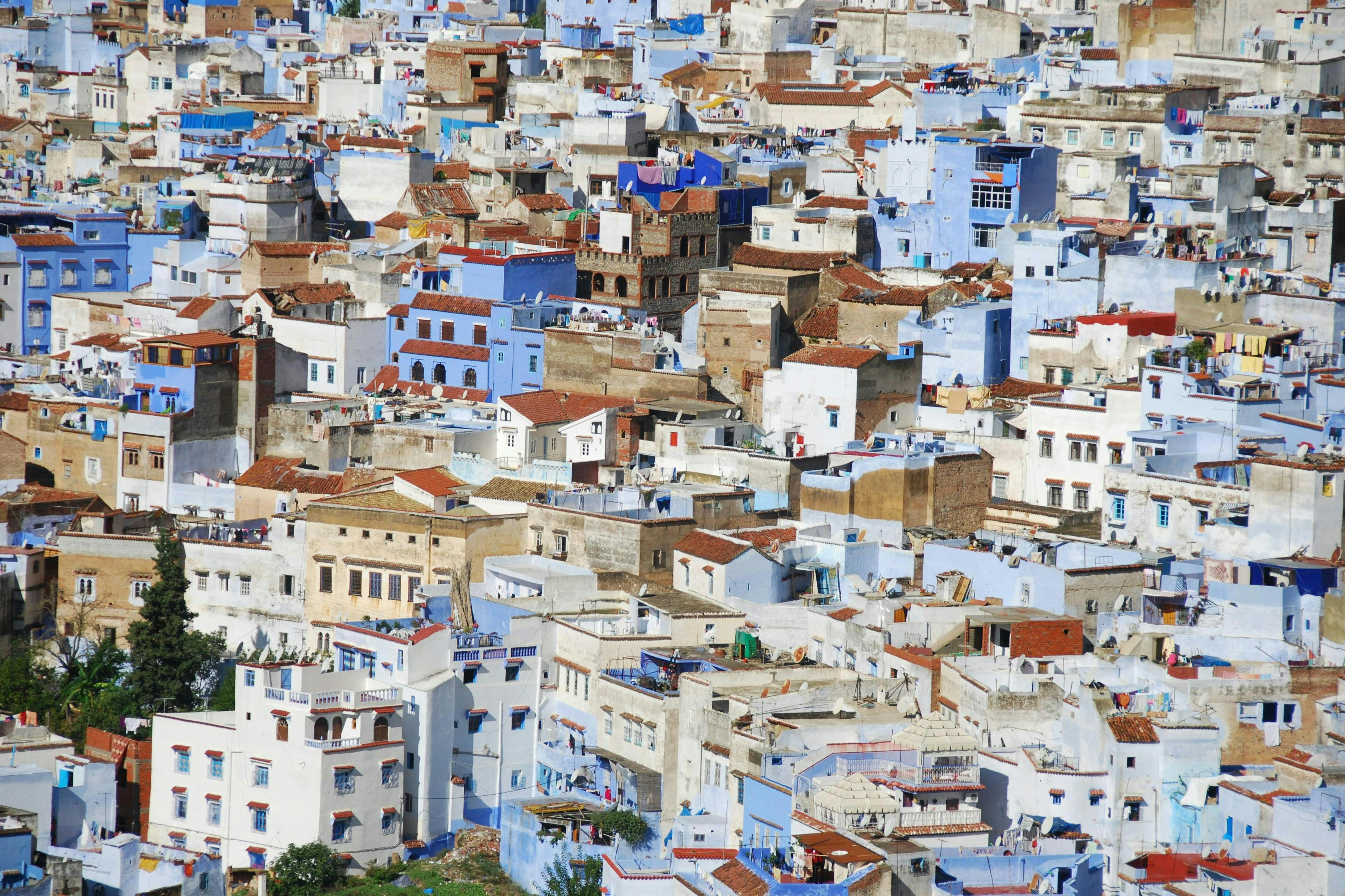 Panoramic view of the typical white and blue houses of Tetouan, Morocco