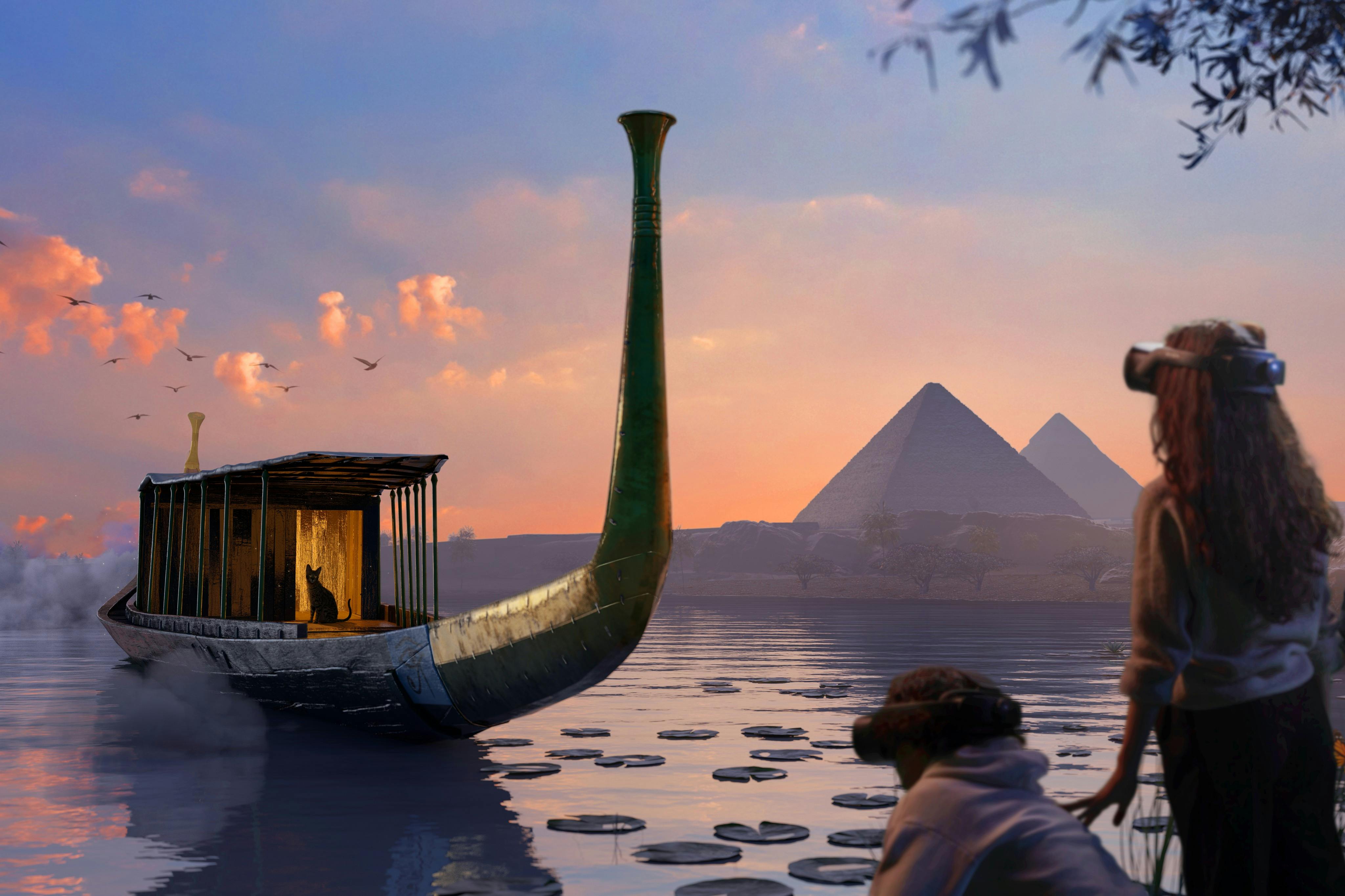 Solar barque, Egypt, virtual reality headset, pyramids, Bastet guide