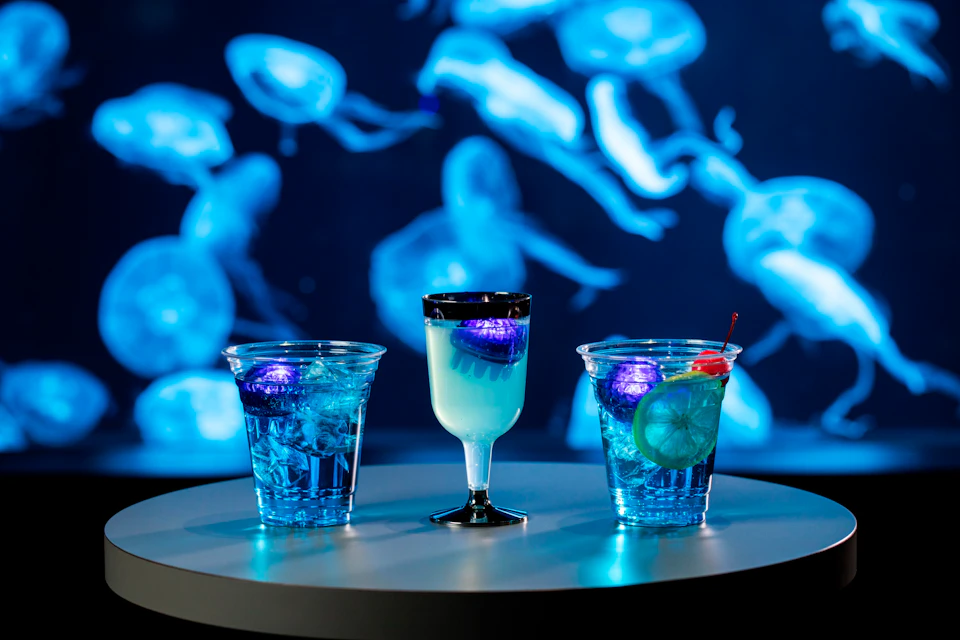 Three illuminated drinks on a table in front of a glowing jellyfish aquarium backdrop.