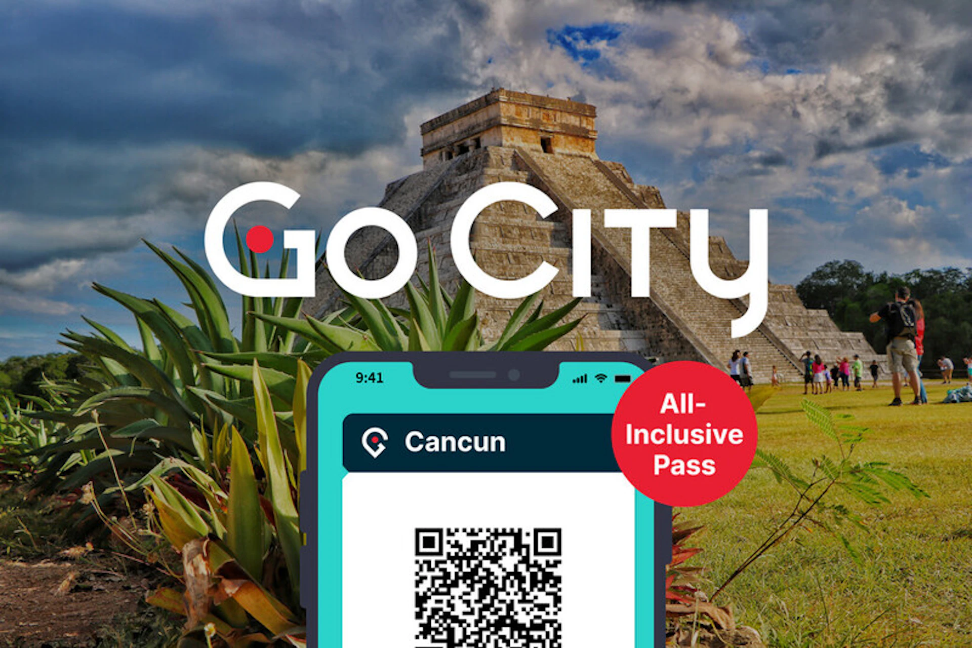 "Go City" text overlaid on an ancient stone pyramid. Below, a smartphone showing a QR code labeled "Cancun All-Inclusive Pass."