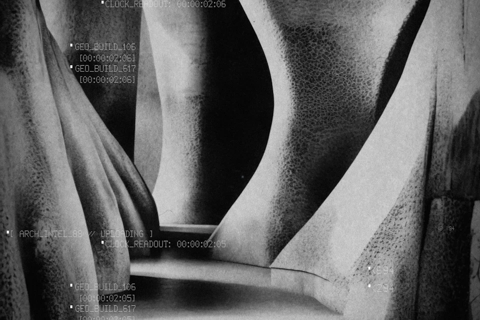 Abstract black-and-white textured surface with curved shapes and overlay text reading "Uploading" and other technical details.