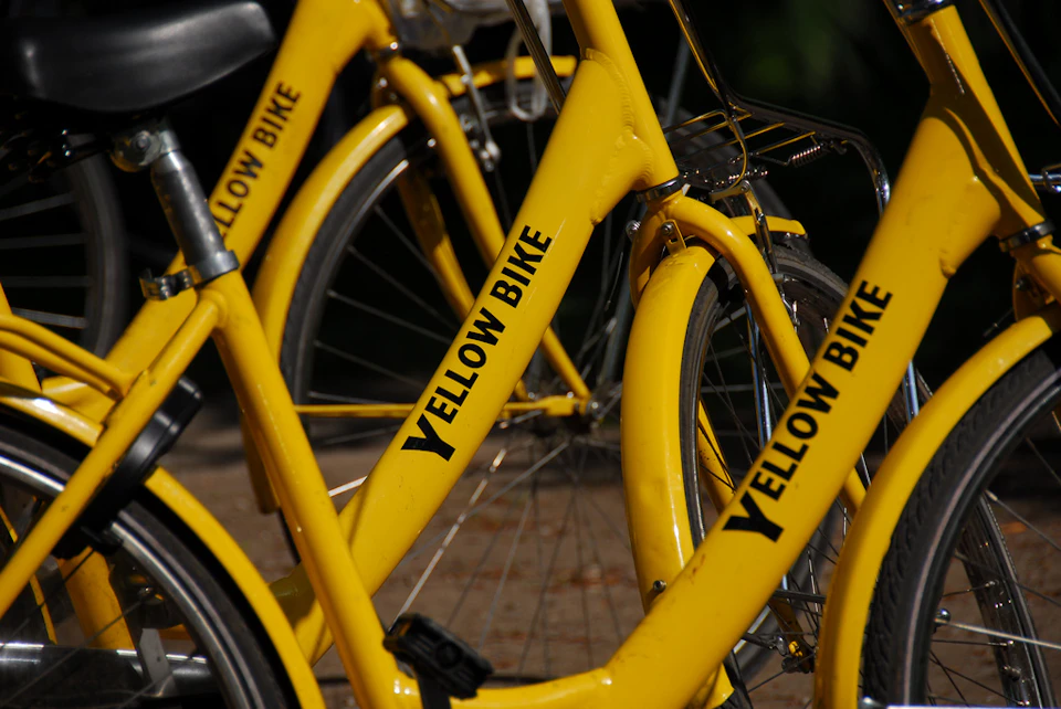 Close-up of yellow bicycles parked together, with "Yellow Bike" written in black on the frames.