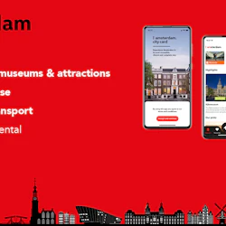 Röd bakgrund med "I amsterdam City Card" -kampanj för gratis inträde till museum, kanalkryssning, kollektivtrafik och 1-dagars cykeluthyrning. Tre telefoner visar appen.