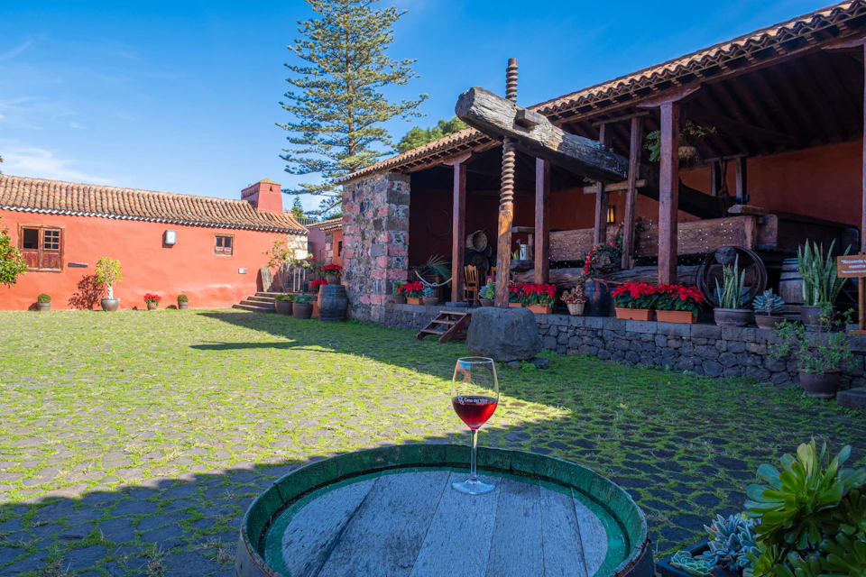 Glass of red wine on a wooden barrel in a courtyard with stone buildings, potted plants, and a traditional wine press.