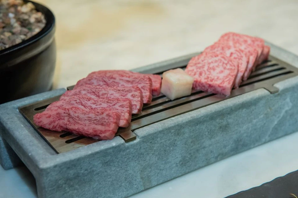Slices of marbled raw meat and a piece of fat placed on a metal grill over a rectangular stone base.