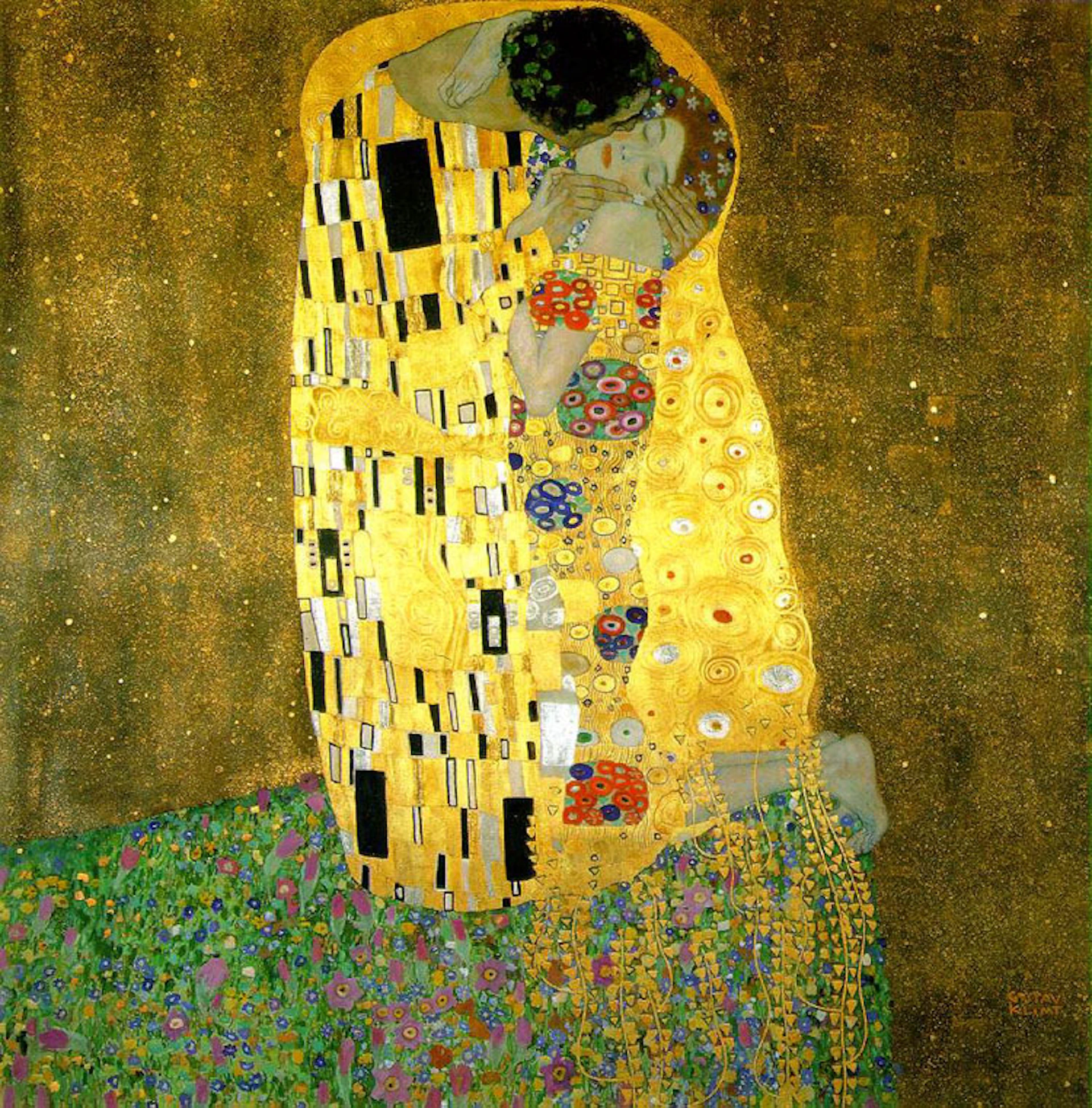 Two figures draped in elaborate gold-patterned robes embrace against a golden, textured background, with colorful flowers below.