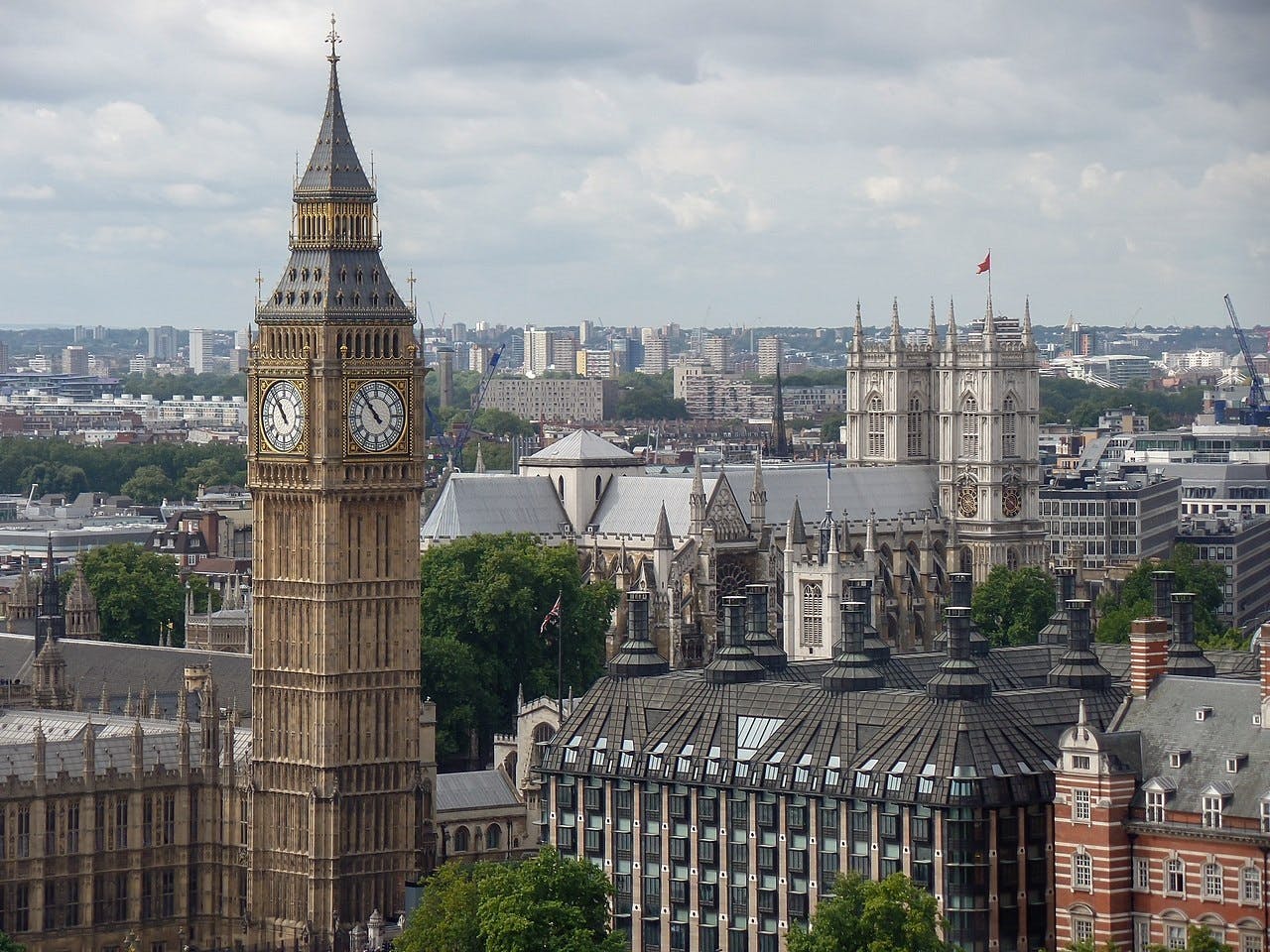 Flygfoto över Big Ben och Westminster Abbey i London, med stadssilhuett och molnig himmel i bakgrunden.