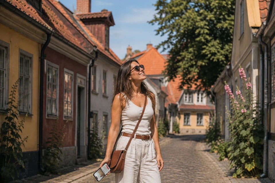 A woman in sunglasses and a white outfit walking on a cobblestone street lined with historic buildings and trees.