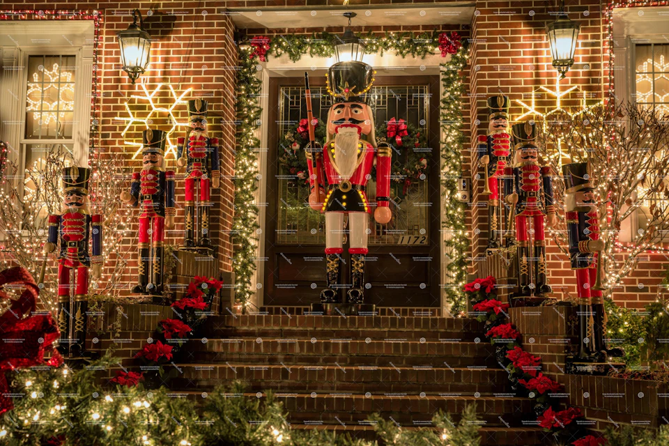 Nutcracker decorations at the entrance to one of the houses