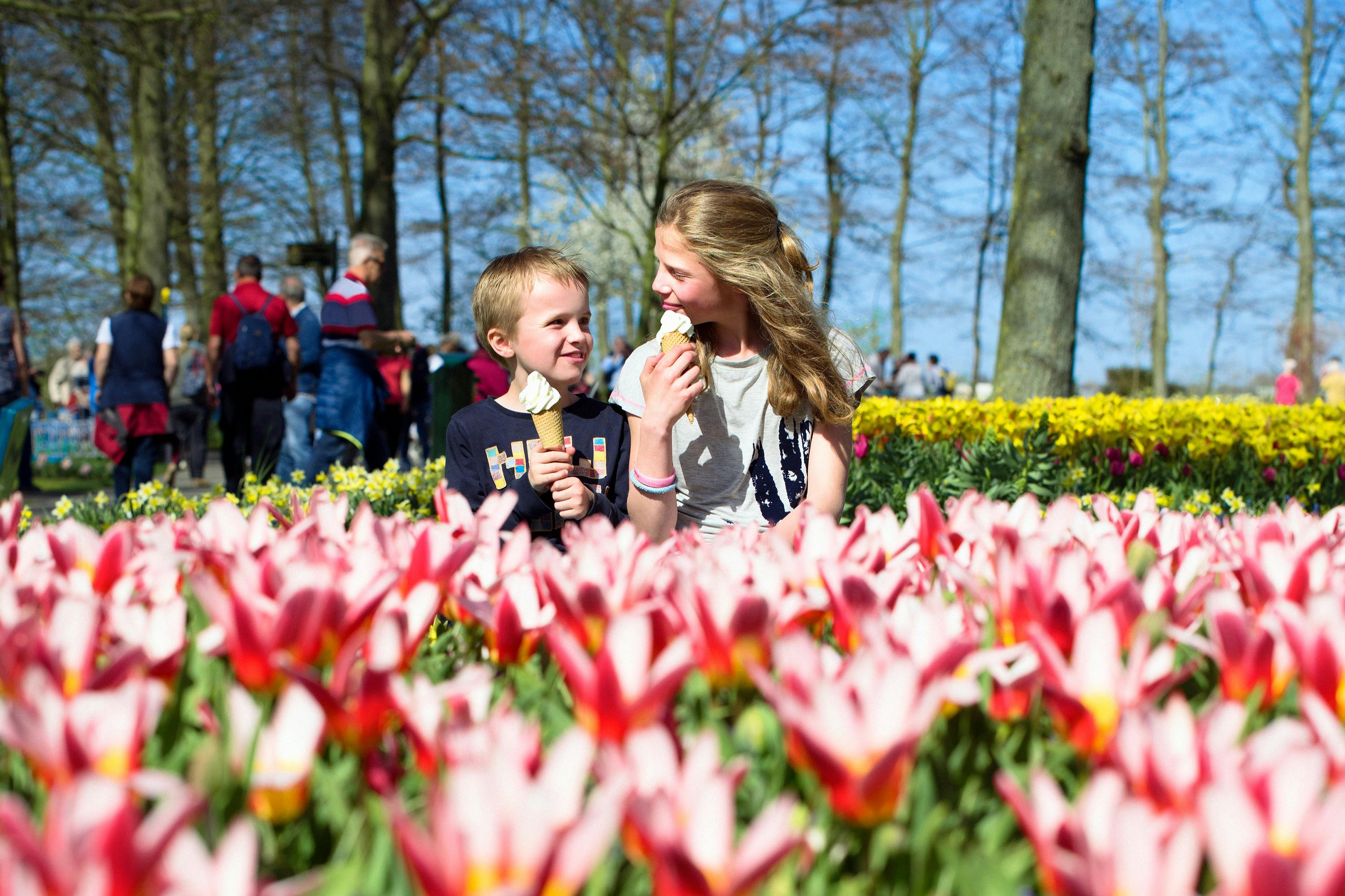 A young boy and girl enjoying ice cream among blooming flowers in a park, with trees and people in the background.