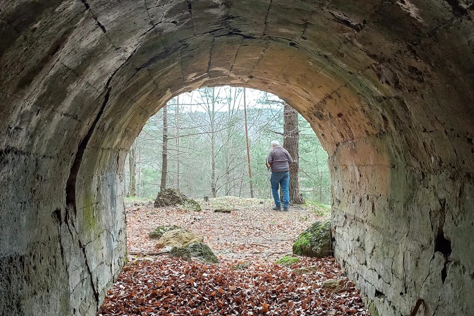 View from inside a stone tunnel looking out to a wooded area with a person walking away, surrounded by fallen leaves.
