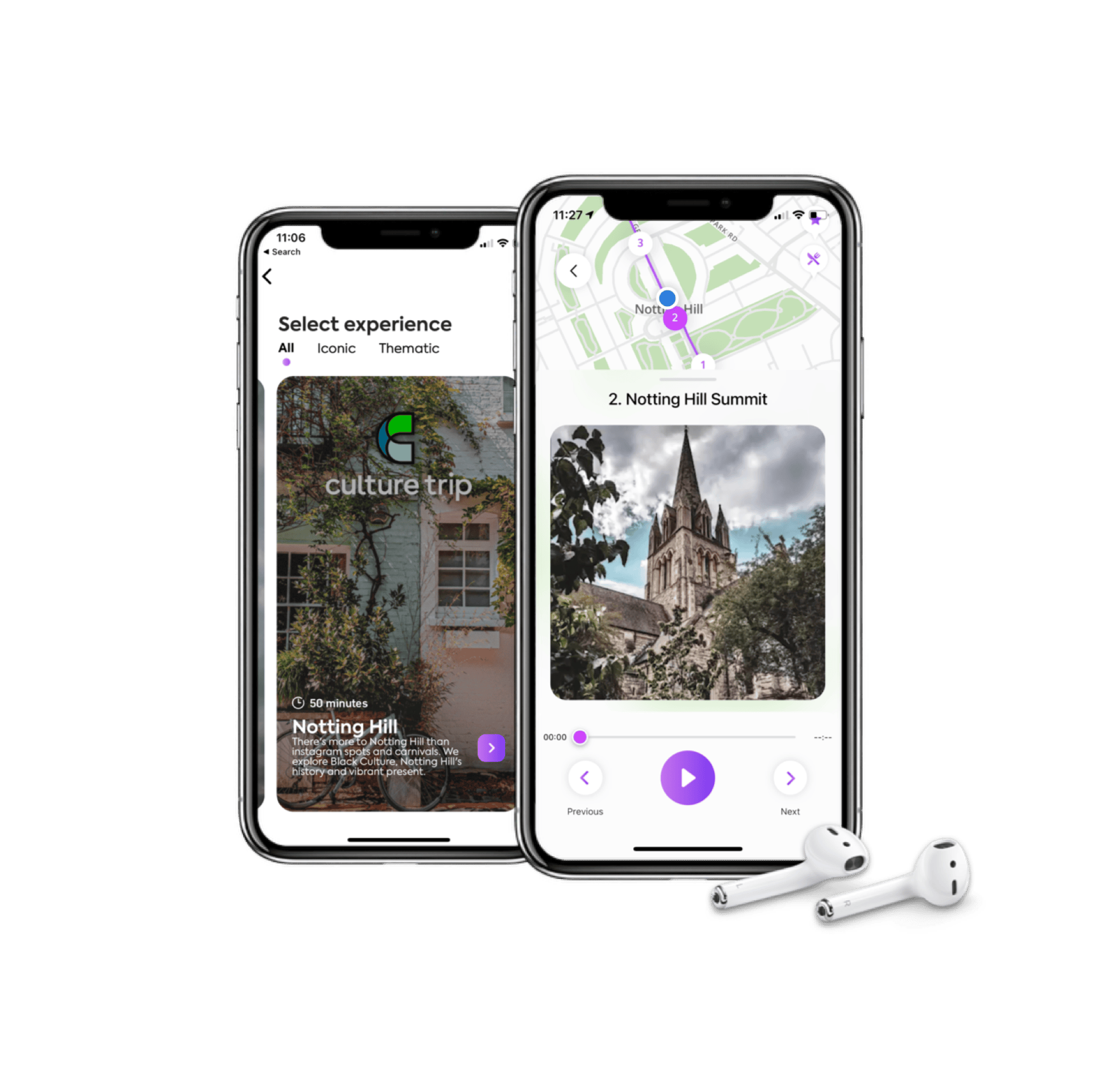 两部智能手机在绿色背景下显示旅行应用程序和一对无线耳机。