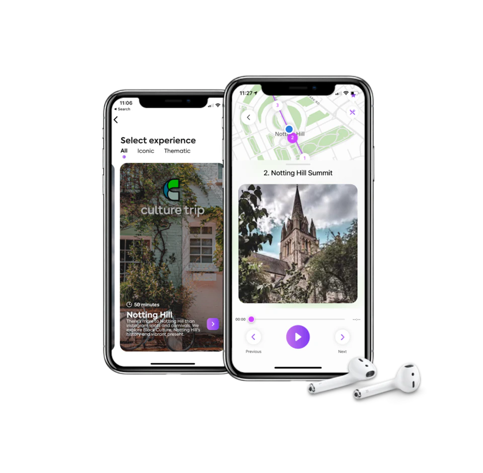 Two smartphones displaying a travel app and a pair of wireless earbuds against a green background.